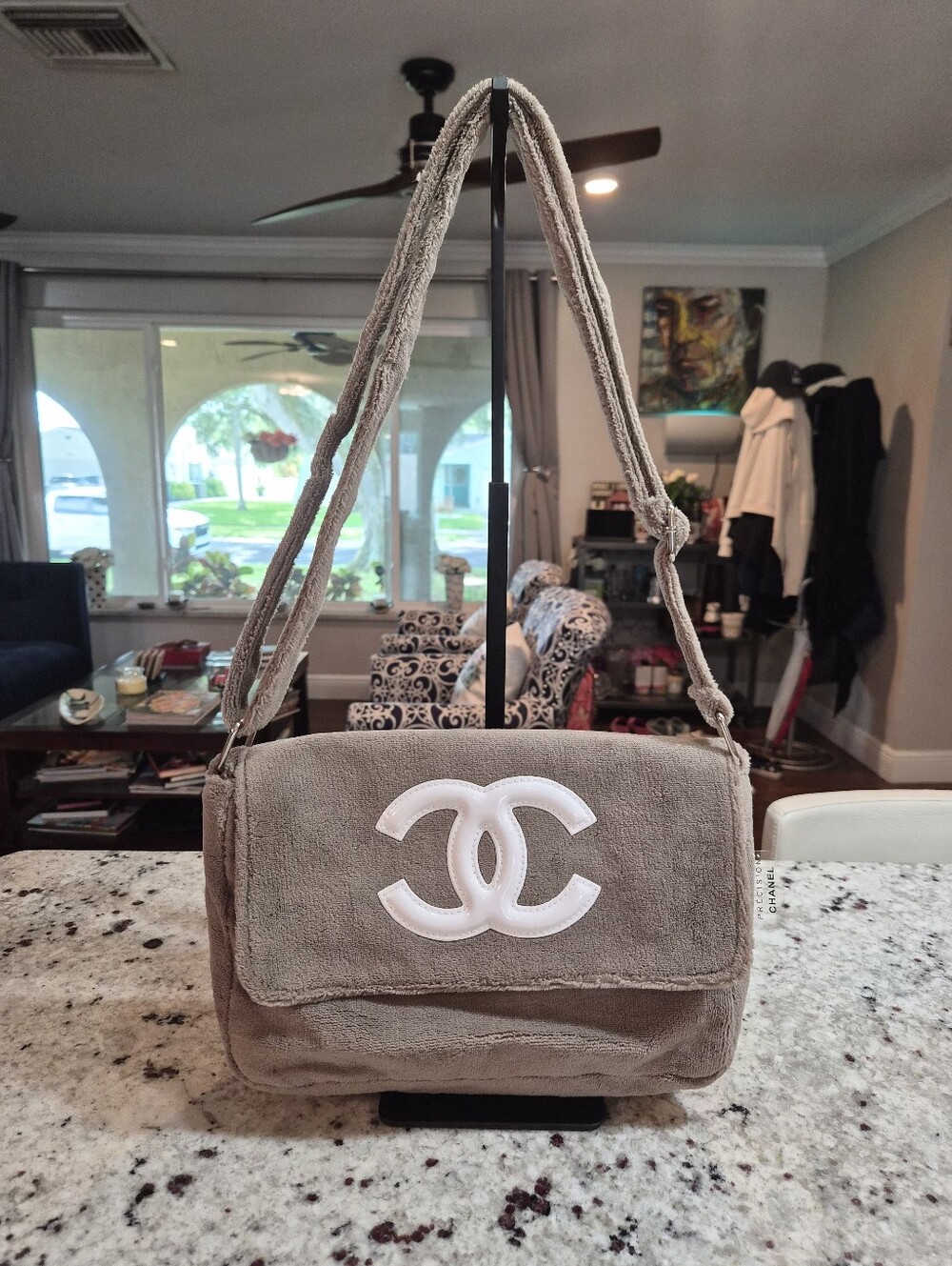 CHANEL Taupe Shoulder Bag with White CC Applique